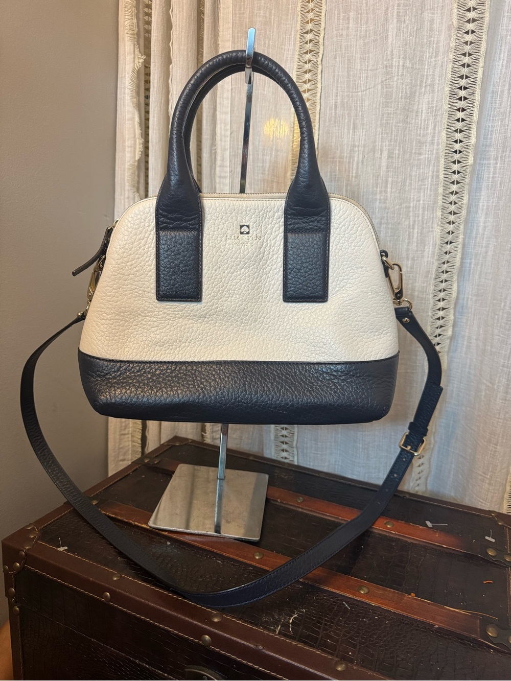 kate spade Cream and Navy Pebbled Leather Satchel
